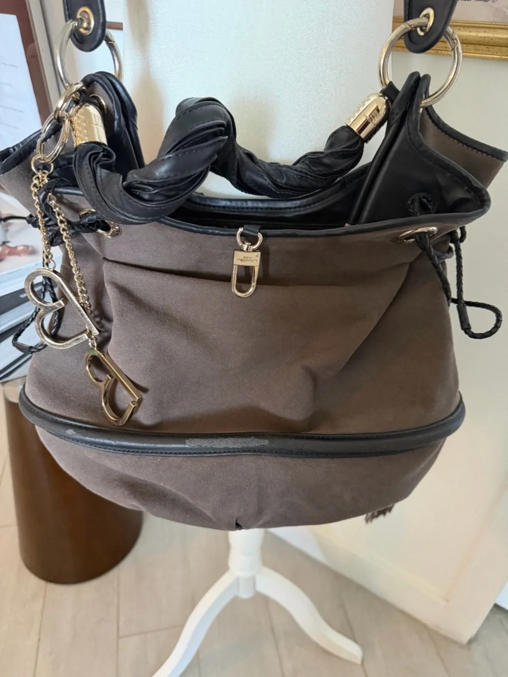 Brown Hobo Shoulder Bag with Braided Handle and Tassel